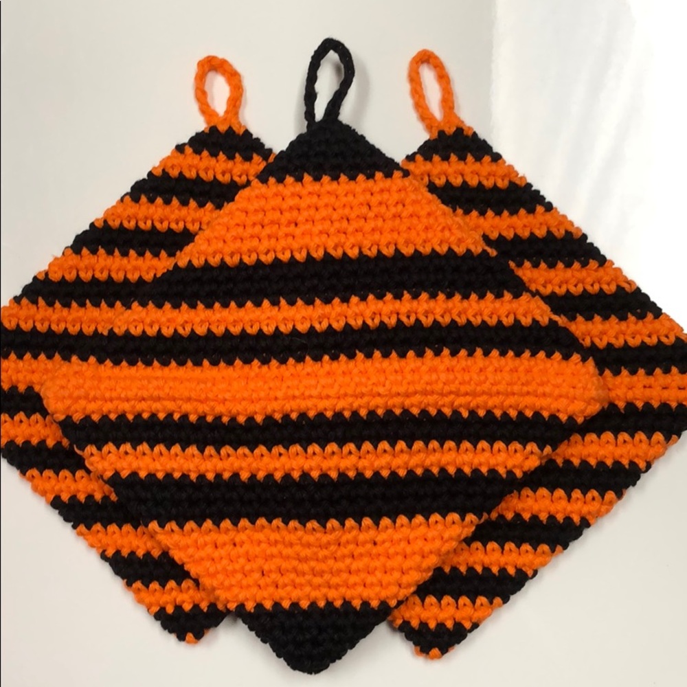 Cotton pot holders set of 3 handmade crochet orange and black